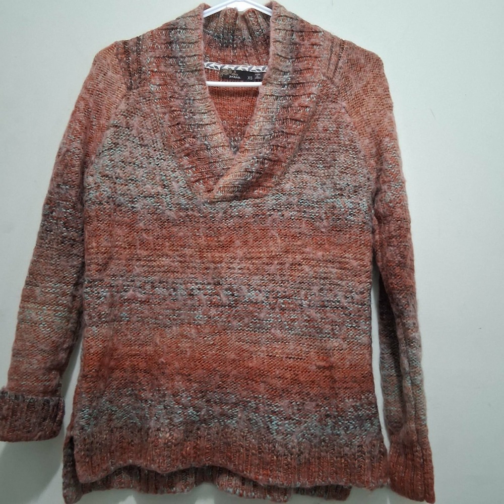 Prana Womens XS Rust Orange Blue Space Dye Wool Blend Shawl Collar Sweater